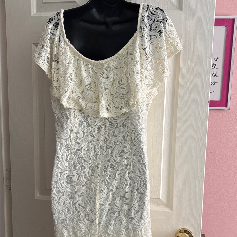 MARINA Ivory Lace Ruffle Mini Dress - Picture 3 of 8